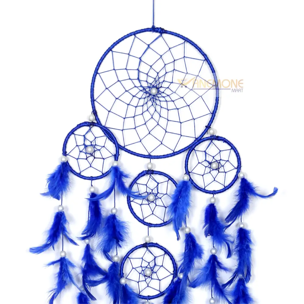 Dream Catcher with 1 Big Ring & 3 Small Rings – Blue and Bright Blue Feathers