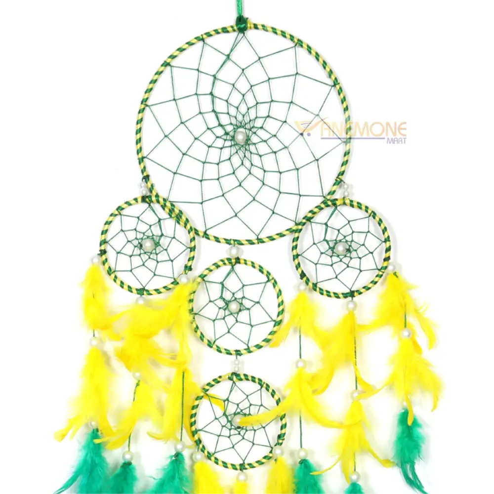 Dream Catcher with 1 Big Ring & 3 Small Rings – Yellow and Green Feathers