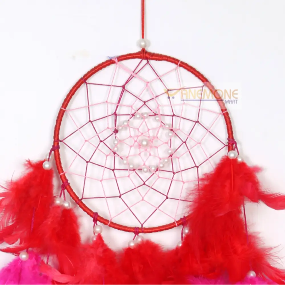 Dream Catcher Single Ring with Red, Pink, and Bright Pink Feathers