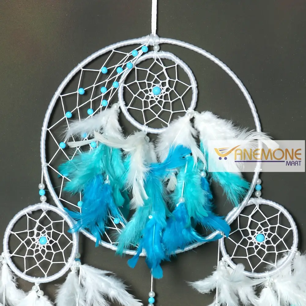 Dream catcher 6 ring sky blue and white feather