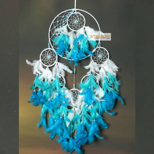 Dream catcher 6 ring sky blue and white feather