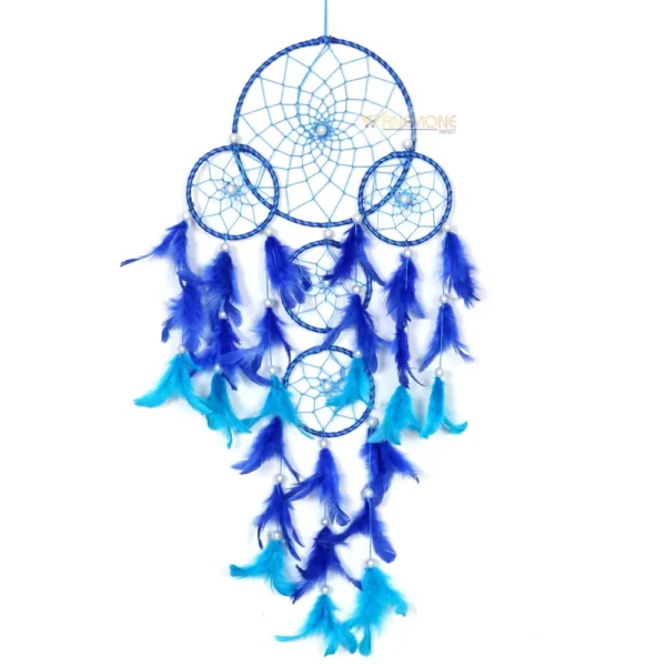 Dream Catcher with 1 Big Ring & 4 Small Rings Blue and Bright Blue Feathers