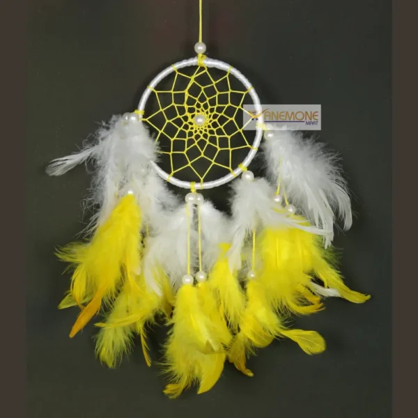 Small Car Dream Catcher with White and Yellow Feathers