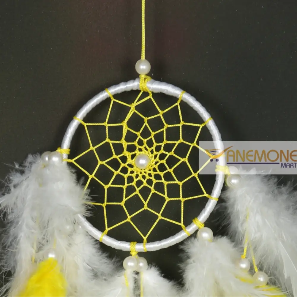 Small Car Dream Catcher with White and Yellow Feathers