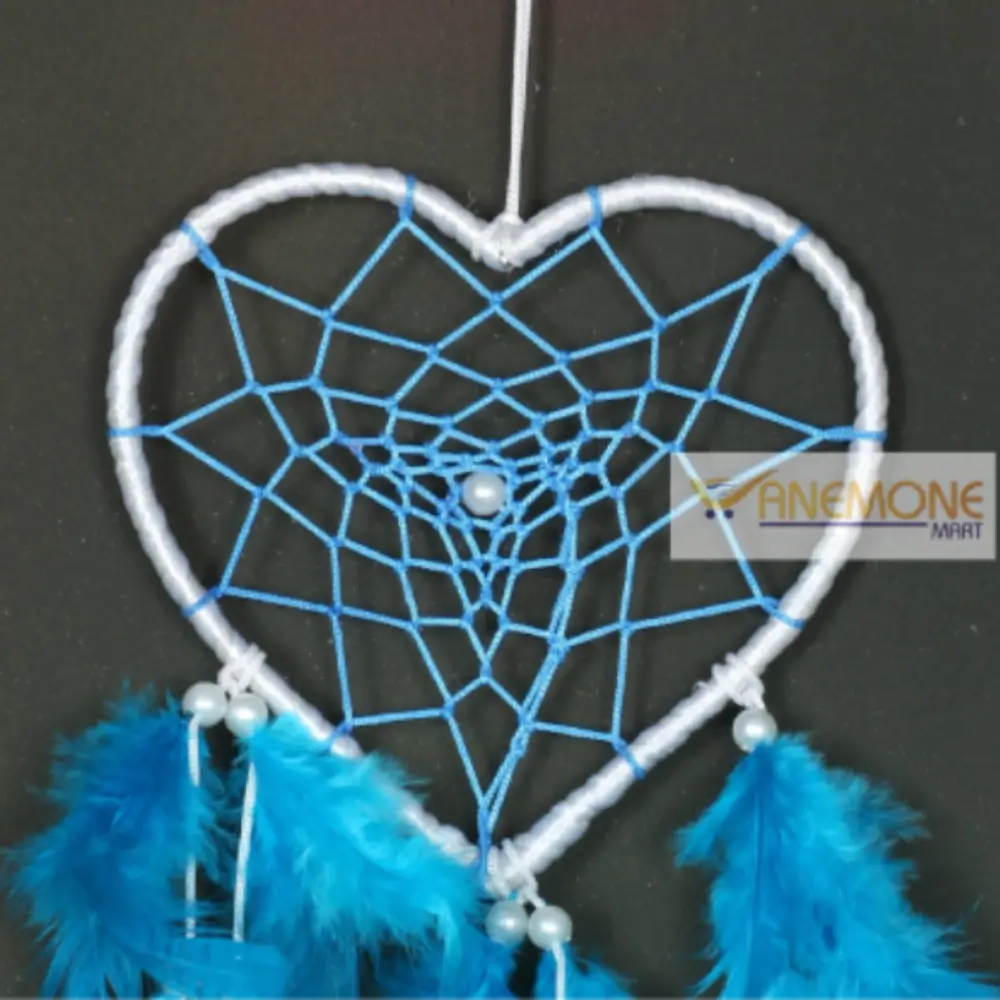 Small Heart Ring Dream Catcher with Sky Blue & White Feathers