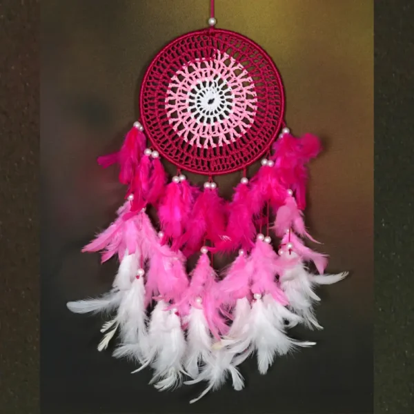 white pink dream catcher with 6 inch ring crosia style