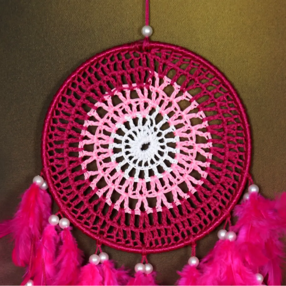ANEMONE MART 6-Inch White & Pink Dream Catcher Crosia Style – Handcrafted Wall Hanging